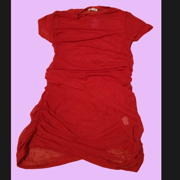 Sheer Mesh Bodycon Mini Dress with Ruched Seams and Mock Neck, Wine Red - Picture 4 of 5